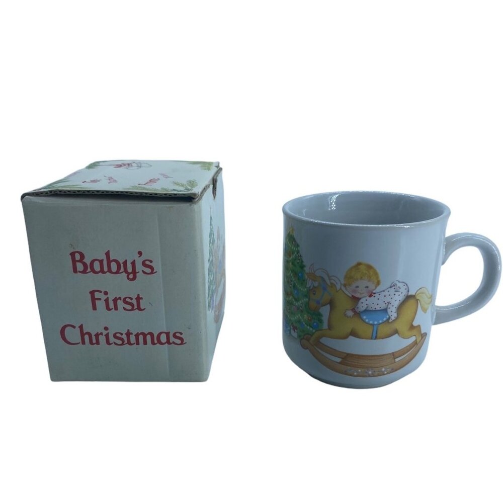 Vtg Russ‎ Baby's First Christmas Rocking Horse Boy Tree Mug Cup White 2.5" 8009
